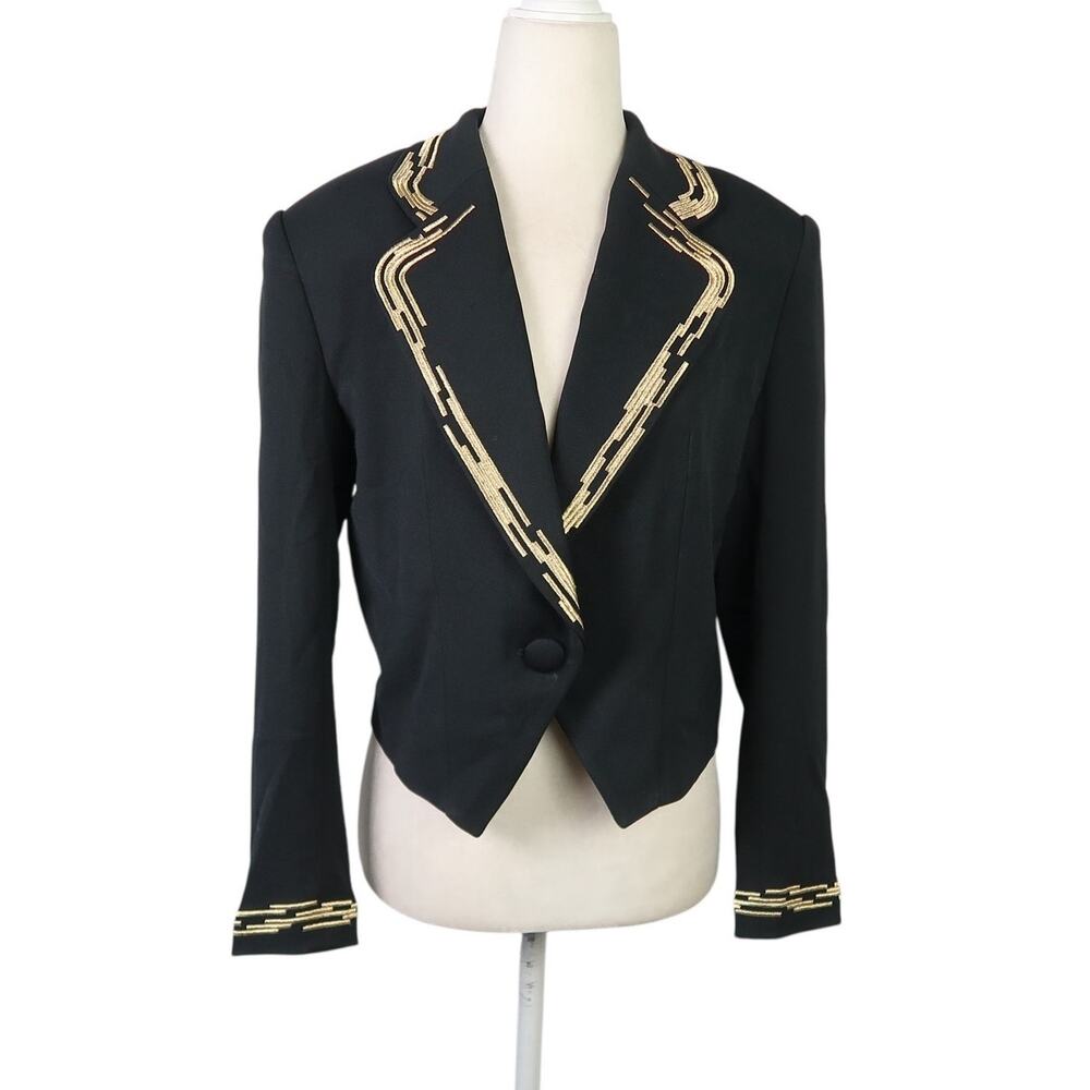 Vintage 90s Suzelle Black Crop Blazer Jacket Metallic Gold Trim 4